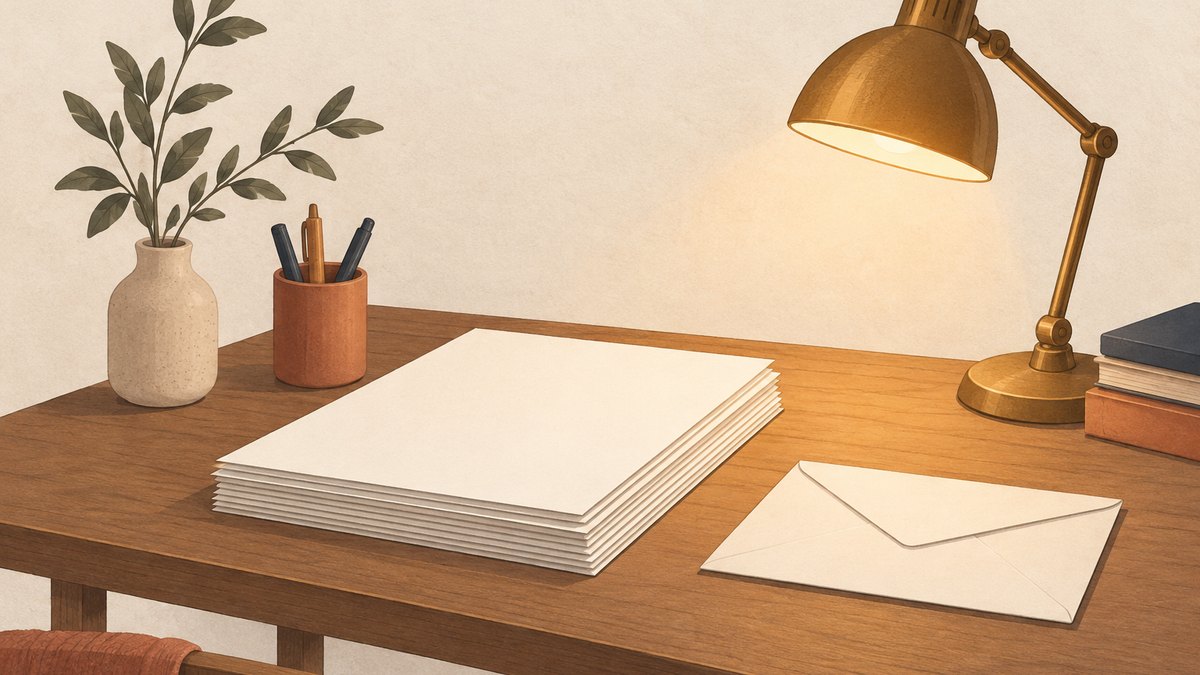 机の上に置かれた書類の束と封筒、その横で灯る小さなランプのイラスト