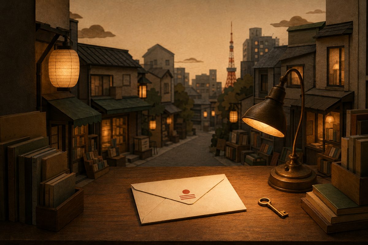 灯りのともる小さな机の上に、封筒と鍵が置かれているイラスト